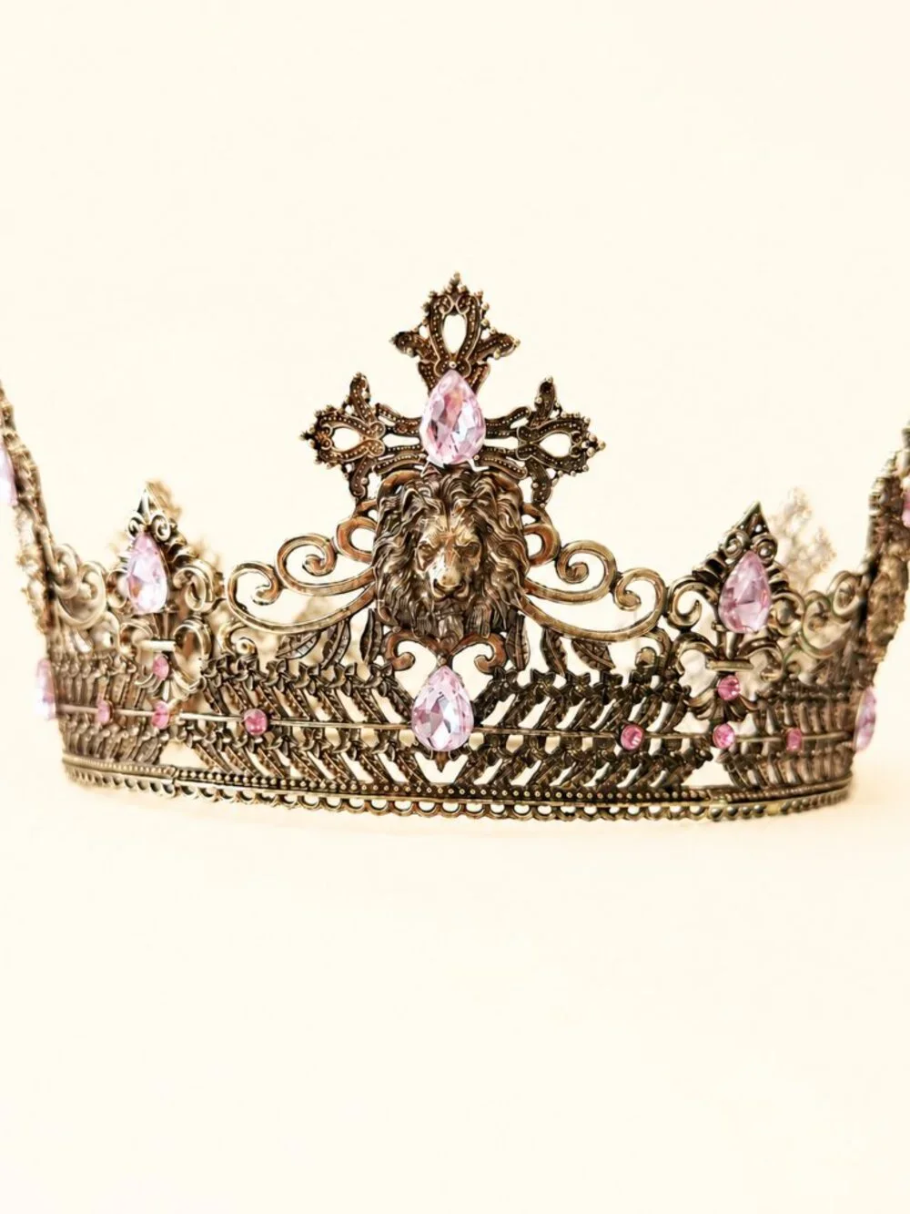 Vintage Style Gold Lion Crown with Pink Crystals, Royal King Queen Headpiece